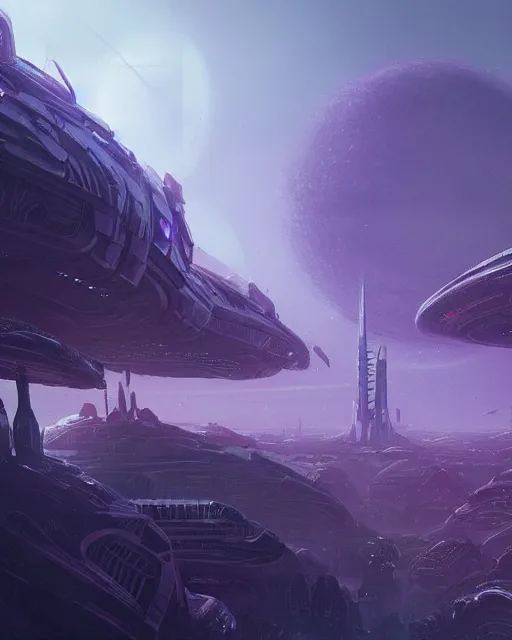 Image similar to an alien city seen in the distance, alien architecture, purple, environment art, fantasy art, landscape art, in the style of greg rutkowski, illustration, epic, fantasy, intricate, hyper detailed, artstation, concept art, smooth, sharp focus, ray tracing