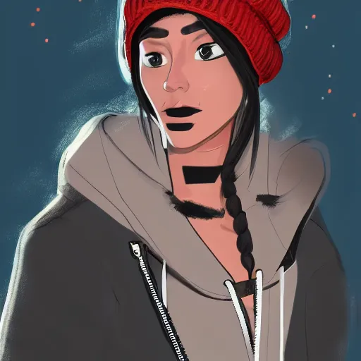 Image similar to character concept art of a mixed woman with freckles with a septum piercing, winged eyeliner, black beanie, black bomber jacket, in an urban environment, depth of field, trending on artstation