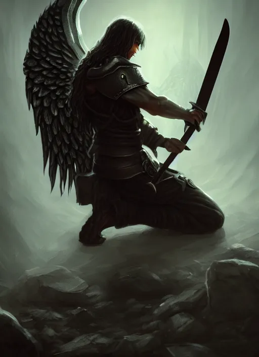 Image similar to fantasy art, fallen man angel kneeling on the knees with a sword and shield, close-up, bokeh. dark art masterpiece artstation. 8k, sharp high quality illustration in style of Jose Daniel Cabrera Pena and Leonid Kozienko, Tooth Wu, studio lighting. angel with big wings