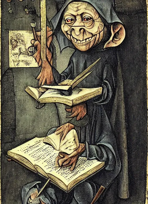 Prompt: medieval goblin reading a book by hieronymus bosch, detailed digital art, trending on Artstation