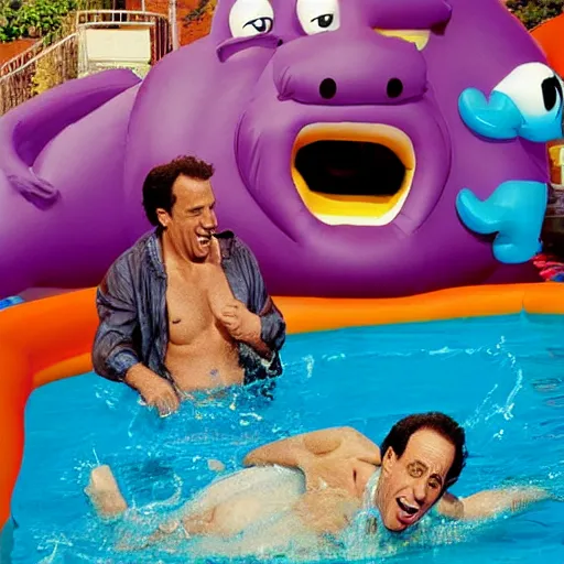 Prompt: jerry seinfeld drowning jim varney in an inflatable kids pool as barney looks on and laughs in the background highly detailed award winning photo