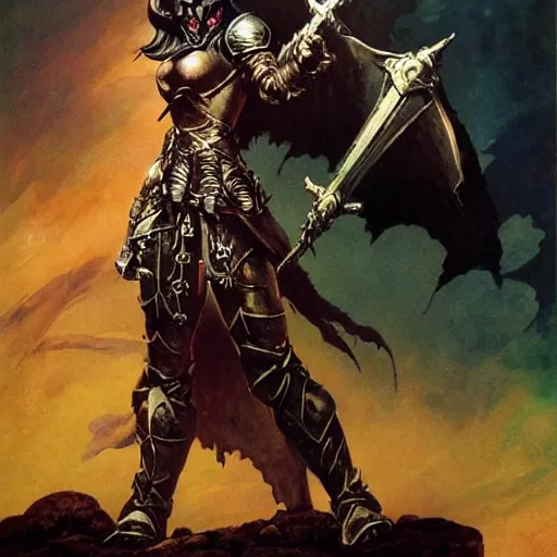 Image similar to necromancer female human knight in heroic pose,dnd, mtg,real photo by Frank Frazetta