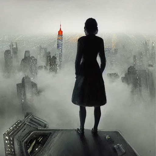 Image similar to “ girl standing on a roof looking down at a foggy futuristic new york city below, ghostpunk, blade runner, cyberpunk, brutalist, very detailed, by george bellows ”