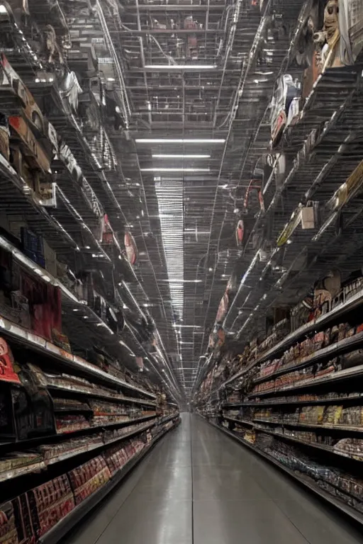 Image similar to movie still of empty WalMart aisles filmed by Denis Villeneuve and Roger Deakins in the style of Blade Runner 2049, moody, sci fi, 4k, liminal space, high quality