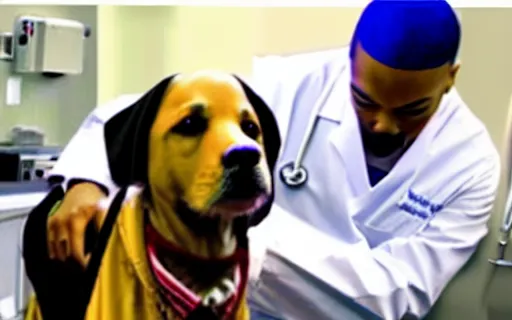 Image similar to Dr. Dre in surgeon scrubs in an emergency room, treating Snoop Dogg and his dog.