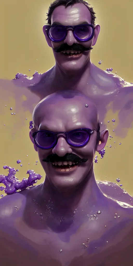 Prompt: Extremely Detailed and Full Portrait scene of Gooey Ocean scene in ink and refined sand, Waluigi with shades on face. wearing a purple dress full body smiling by Akihito Yoshitomi AND Yoji Shinkawa AND Greg Rutkowski, Mark Arian trending on artstation