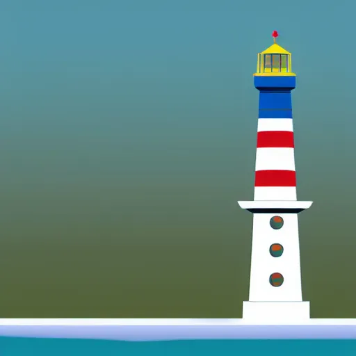 Prompt: a tricolour flag with a design of a lighthouse that is made of white stone on a small coral island surrounded by ocean, flat graphic design