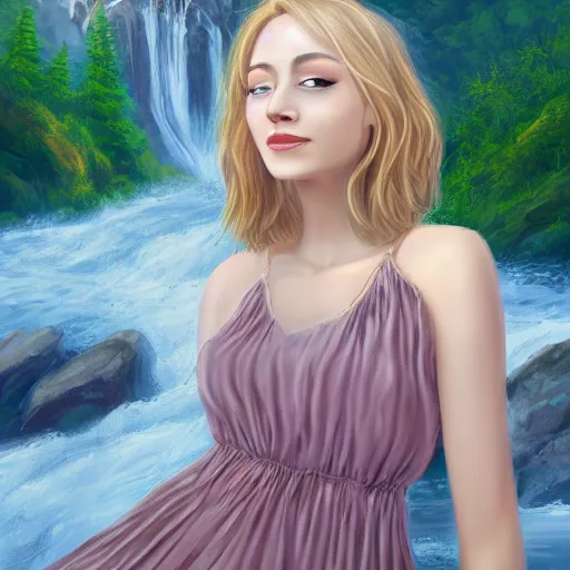 Image similar to beautiful woman in her late 20s wearing a cottagecore summer dress, light blonde shoulder-length hair, standing near a waterfall, 4k digital art, digital painting, highly detailed and intricate