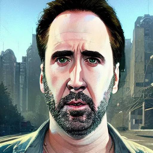 Image similar to highly detailed portrait, nicolas cage, in gta v, stephen bliss, unreal engine, fantasy art by greg rutkowski, loish, rhads, ferdinand knab, makoto shinkai and lois van baarle, ilya kuvshinov, rossdraws, tom bagshaw, global illumination, radiant light, detailed and intricate environment