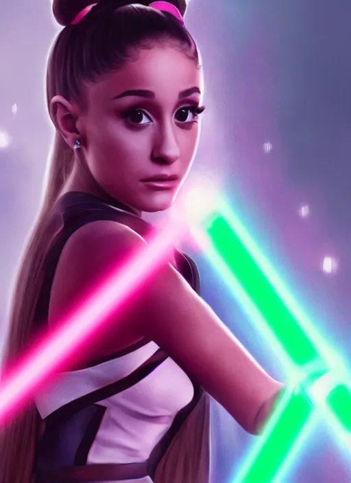 Image similar to An extremely detailed photo of Ariana Grande in the Star Wars universe with two pink lightsabers held in each hand. Maximum detail on artstation, photo realism, vivd details, vivd colour, volumetric lighting