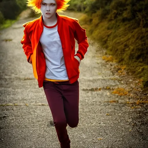 Prompt: orange - haired anime boy, 1 7 - year - old anime boy with wild spiky hair, wearing red jacket, running through italian town, yellow sunshine, sepia sun, strong lighting, vivid lighting, ultra - realistic, sharp details, subsurface scattering, intricate details, hd anime, 2 0 1 9 anime