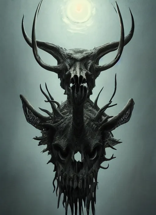 Prompt: portrait of realistic animal skull with long pointy alien horns, eerie glowing eyes, wall hanging trophy taxidermy, hyper realistic head, volumetric lighting, fantasy art, in the style of greg rutkowski, burne hogarth, intricate, alphonse mucha, hyper detailed, smooth