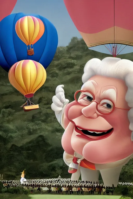 Image similar to queen elizabeth ii in up ( 2 0 0 9 film ) pixar flying in a balloon house