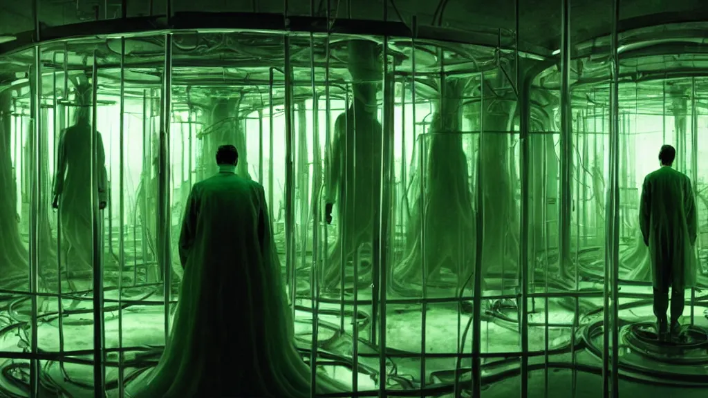 Image similar to a mad scientist in his lab, giant vats of green liquid line the walls, film still from the movie directed by denis villeneuve and david cronenberg with art direction by salvador dali and zdzisław beksinski, wide lens