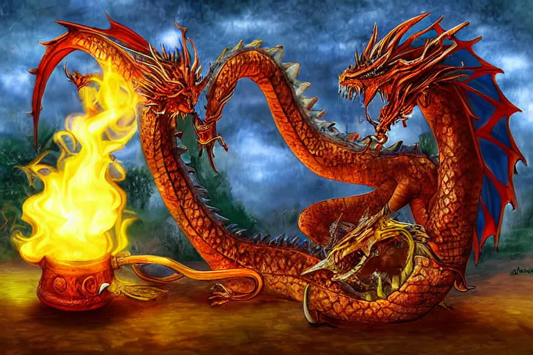 Prompt: giant dragon smoking Hookah, digital art,