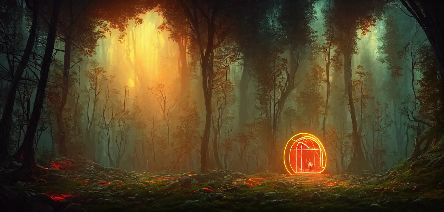 Image similar to random scary forest house landscape, round glowing multicoloured neon portal, central symmetrical composition, incredible, vector art, octane render, fabulous, hyper detailed, random cinematic view, no noise, global illumination, warm lighting, volumetric, godrays, vivid, beautiful, by jordan grimmer