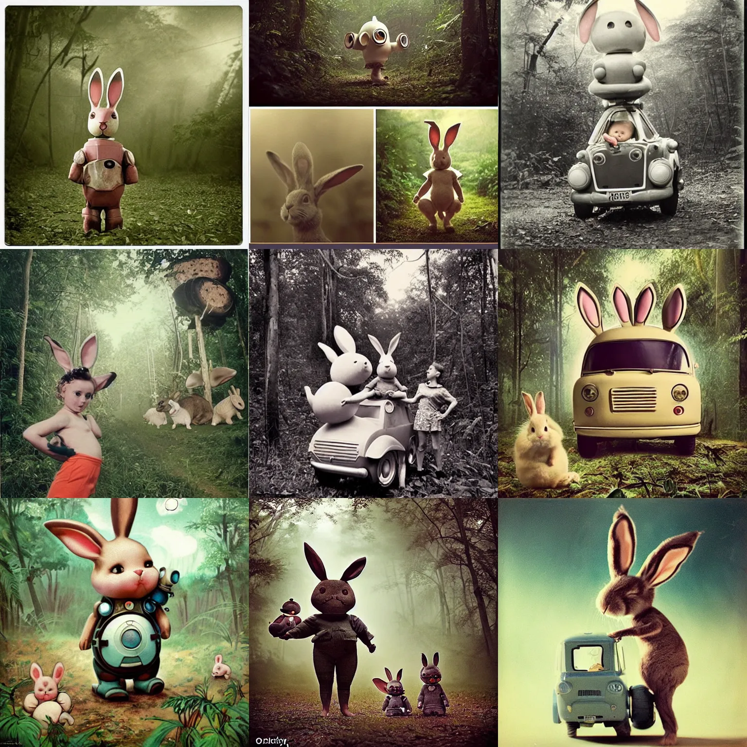 Prompt: 1960!! epic pose!!! Whimsical giant oversized rocket battle rabbit robot chubby mech baby car with giant oversized ears and rabbit with babies , in deep forest jungle , full body , Cinematic focus, Polaroid photo, vintage , neutral dull colors, soft lights, foggy sunset , by oleg oprisco , by national archives, by discovery channel, by victor enrich , by gregory crewdson