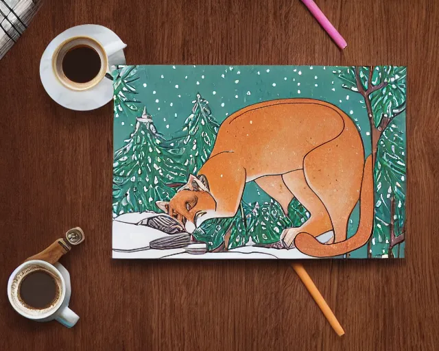 Image similar to colouring book showing 'a cougar sleeping in the middle of snowy pine tree' laying on coffee table, zoomed out shot, HD, iphone capture