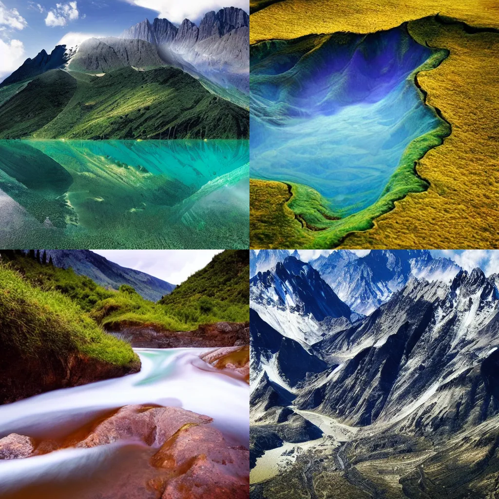 Prompt: breathtaking landscape of mountains made of water, hyperrealistic