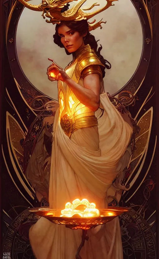 Prompt: magic gold dragon gorgeous lighting by weta studio, mucha, bautista and norman rockwell and greg rutkowski and tom bagshaw and james gurney and lucasfilm