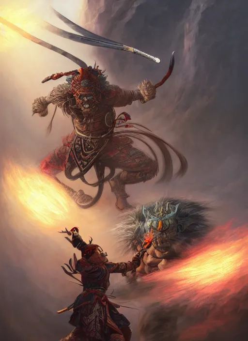 Image similar to a samurai fighting an oni, in the style of tomasz alen kopera and fenghua zhong and peter mohrbacher, mystical colors, rim light, beautiful lighting, 8 k, stunning scene, raytracing, octane, trending on artstation