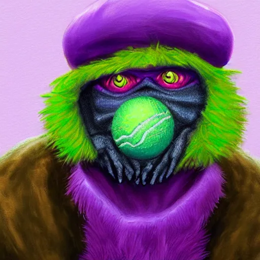 Image similar to a tennis ball monster in a purple pimp coat, digital art, fantasy, magic, chalk, trending on artstation, ultra detailed, professional illustration by basil gogos