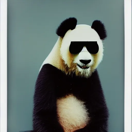 Image similar to gltch art, grainy head to shoulder portrait polaroid film photograph of a panda in a mall wearing aviator shades. super resolution. surreal. extremely detailed. polaroid 6 0 0 film. by annie leibovitz and richard avedon