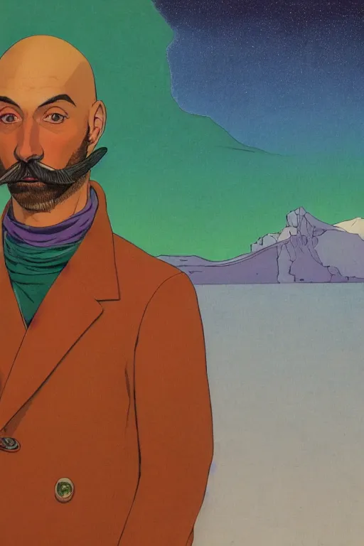 Prompt: a colorful closeup portrait of a handsome young bald man with a very long wild beard and handlebar moustache, green eyes, sucking a blotter paper of lsd acid and dreaming psychedelic hallucinations in the vast icy landscape of antarctica, by kawase hasui, moebius and edward hopper, colorful flat surreal design, hd, 8 k, artstation