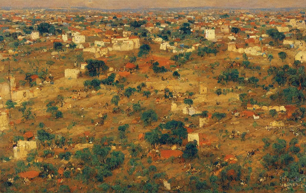 Prompt: tall wall surrounding small town of abeokuta in nigeria from above, 1885, bright colors oil on canvas, by Ilya Repin