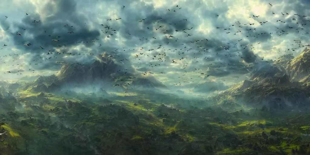 Prompt: a professional photographic view picture of a giant number of birds over a heavenly land ,photographic filter unreal engine 5 realistic hyperdetailed 8k ultradetail cinematic concept art volumetric lighting, fantasy artwork, very beautiful scenery, very realistic painting effect, hd, hdr, cinematic 4k wallpaper, 8k, ultra detailed, high resolution, artstation trending on artstation in the style of Albert Dros glowing rich colors powerful imagery