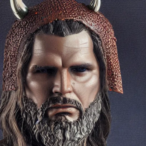 Image similar to of a viking from valhalla, wearing the horned helmet ultra fine detail, hair strands, ultra high resolution, fine texture detail, miniature painting techniques, perfect proportions, marvel cinematic universe, eric bana