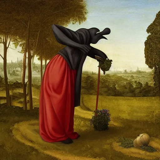 Prompt: a plague doctor picking herbs, golden ratio, morning light, renaissance painting, 8k