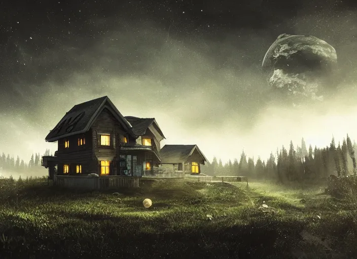 Prompt: realistic alien structured house on a dark land, full moon, ultra detailed, fantasy, hyper realism, art, smooth, beautiful art, masterpiece, landscape, cinematic, wet reflections, ray tracing x, rtx, smooth