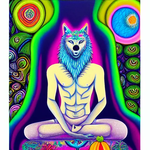 Image similar to an anthromorphic wolf man meditating in a zen garden, by amanda clark and lisa frank in a psychedelic style, oil on canvas