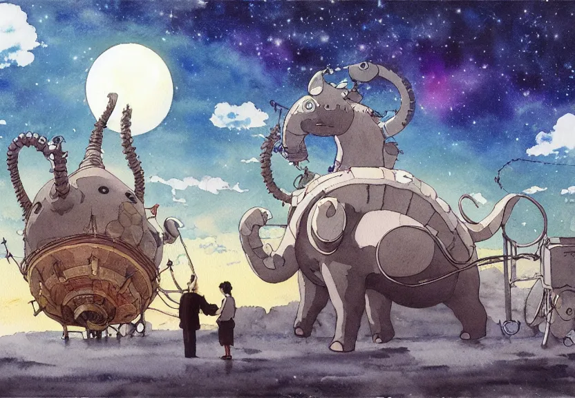 Prompt: a hyperrealist watercolor concept art from a studio ghibli film showing a giant grey lovecraftian mechanized elephant from howl's moving castle ( 2 0 0 4 ). a hindu is under construction in the background, in india on a misty and starry night. by studio ghibli. very dull muted colors