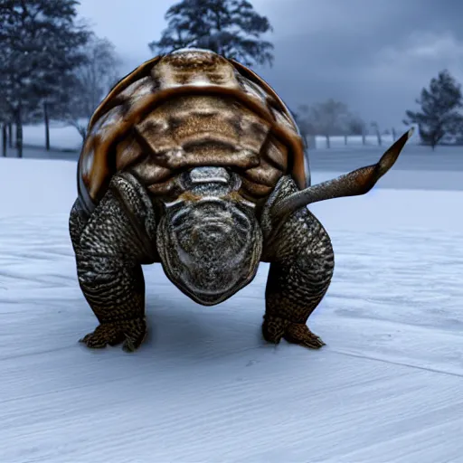 Prompt: highly realistic 3 d rendering of blastoise covered in snow and ice, unreal engine 5, volumetric lighting