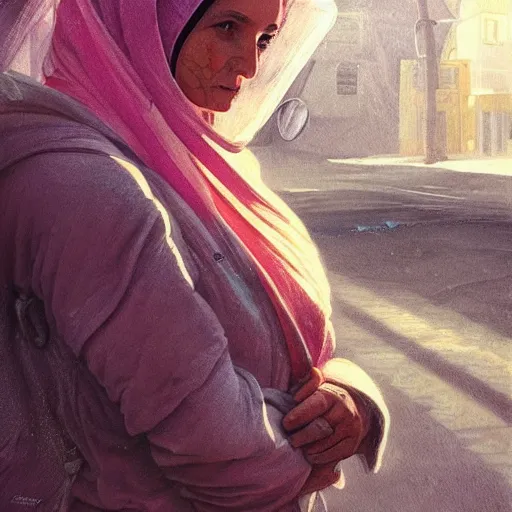 Image similar to A close up futuristic portrait of a babushka on the street of a Russian sleeping quarters on the moon, Norilsk, sci-fi, fantasy, intricate, very very beautiful, elegant, highly detailed, digital painting, artstation, concept art, smooth, sharp focus, illustration, art by artgerm and greg rutkowski and alphonse mucha