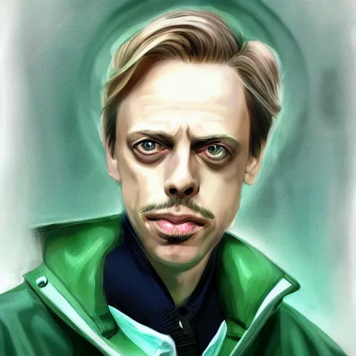 Prompt: beautiful portrait commission of a cute steve buscemi casual clothes in a futuristic mechanical laboratory coat. blonde hair. Green Eyes. character design by charlie bowater, detailed, inked, western comic book art