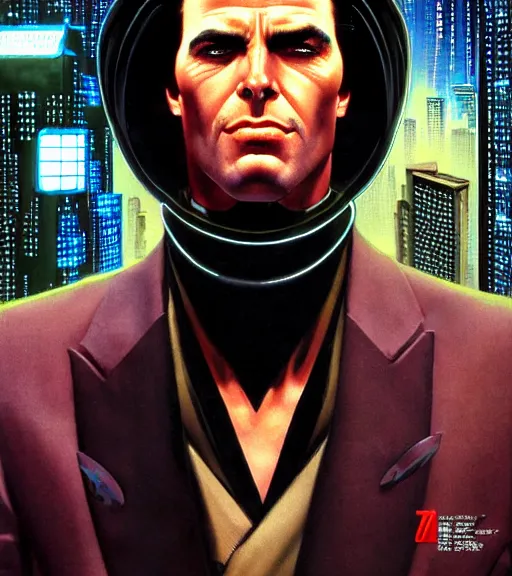 Image similar to a cyberpunk very ugly mafia boss in a suit with slicked back black hair played by christen bale staring at the camera, 1 9 7 9 omni magazine cover, style by vincent di fate, artgerm, very coherent, detailed, 4 k resolution, dark, unreal engine, daz