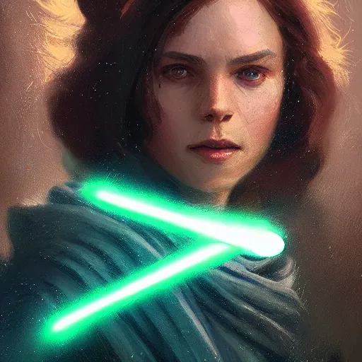 Image similar to portrait of a woman by greg rutkowski, jedi knight jade skywalker, wavy copper hair, jedi robes, star wars expanded universe, she is about 2 0 years old, wearing jedi robes, highly detailed portrait, digital painting, artstation, concept art, smooth, sharp foccus ilustration, artstation hq