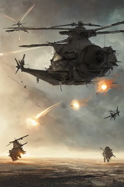 Image similar to a futuristic helicopter in war, epic scene, by greg rutkowski