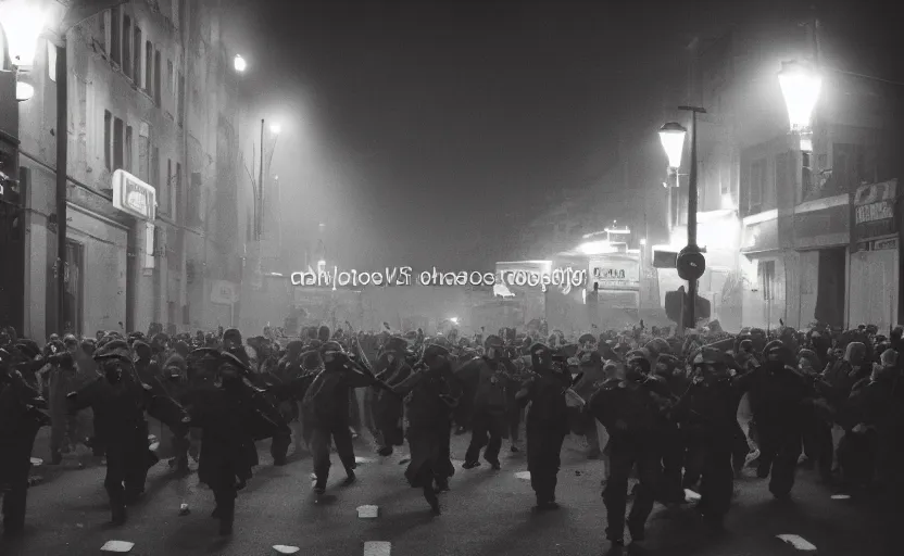 Prompt: 1990s movie still of a yougoslavian street with a large crowd fighting soviet soldiers, with stalinist style highrise, Cinestill 800t 35mm black and white, heavy grainy picture, very detailed, high quality, 4k panoramic, HD criterion, streetlight at night, foggy