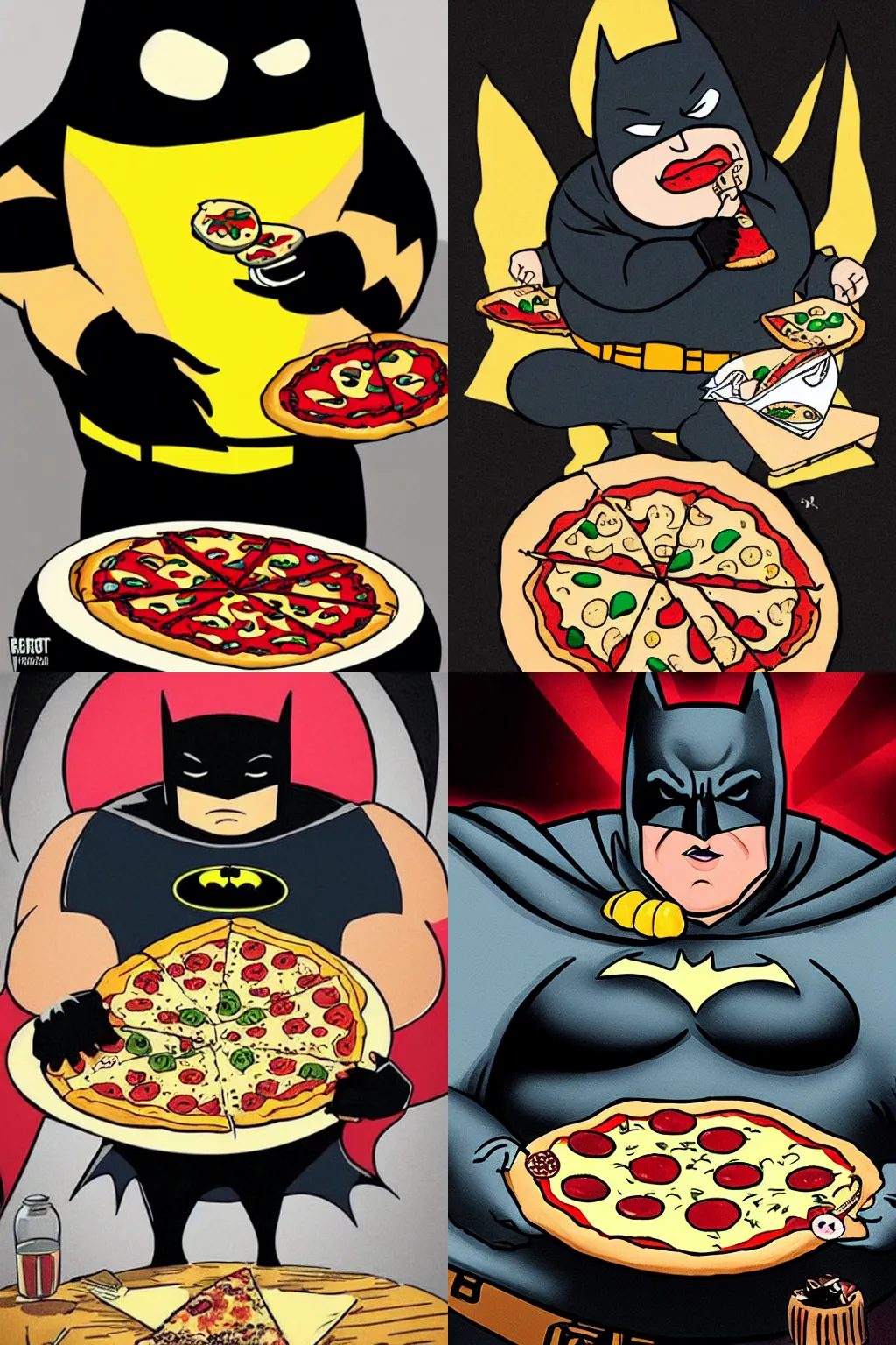 Prompt: fat batman eating pizza