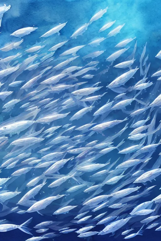 Prompt: a beautiful watercolour on 3 0 0 gsm paper of a school of mackerel, 8 k, frostbite 3 engine, cryengine, dof, trending on artstation, digital art, crepuscular ray