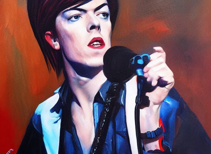 Prompt: Declan Mckenna singing as David Bowie, concept art oil painting by Jama Jurabaev, extremely detailed, brush hard, artstation