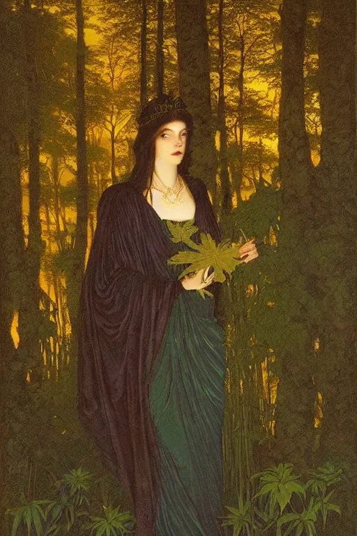 Prompt: beautiful portrait of the queen of night in a forest clearing at twilight| richly embroidered velvet| lush foliage | dramatic lighting | Maxfield Parrish and John Waterhouse | rich colors