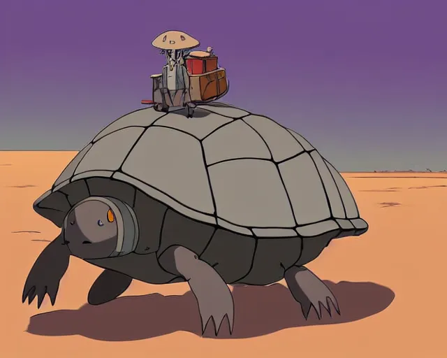 Image similar to a study of cell shaded cartoon of a grey mechanized turtle from howl's moving castle ( 2 0 0 4 ) on a desert road, full body, wide shot, muted colors, post grunge, studio ghibli, laurie greasley, highly detailed, deviantart, art by artgem