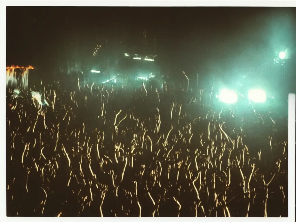 Prompt: 80s polaroid colour flash photograph of Rammstein concert pyrotechnics