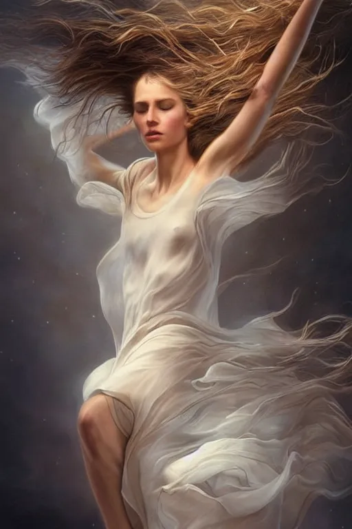 Prompt: beautiful woman dancing in the wind, beautiful face, ethereal, gorgeous, volumetric lighting, elegant, fluid, highly detailed, digital painting, concept art, highly detailed, smooth, illustration, limited color palette, atmosphere and tension, art by greg olsen and liz lemon swindle