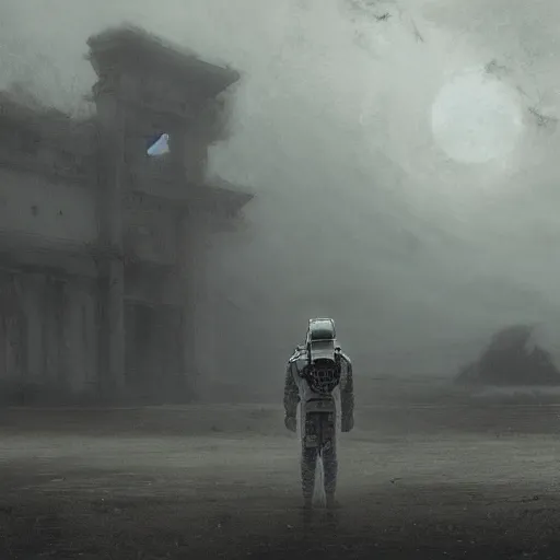 Image similar to photo of a man in spacesuit, abandoned temple on the background, dark, moody, foggy, Jakub Rozalski Photorealistic cinematic volume lighting